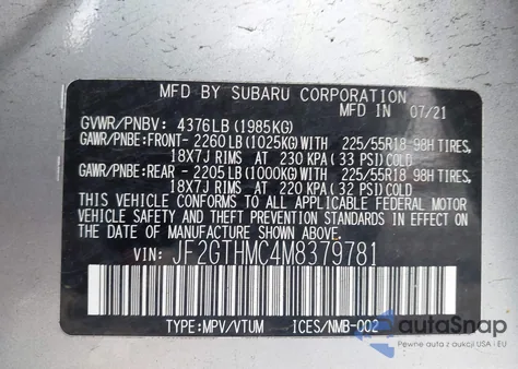 2021 Subaru Crosstrek Limited z USA, uszkodzony, nr VIN JF2GTHMC4M8379781